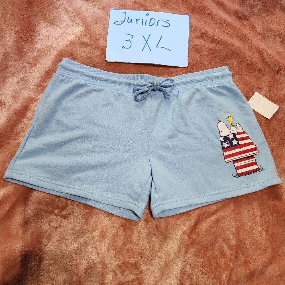 Juniors XXXL Peanuts Snoopy & Woodstock American Flag House Pull On Shorts NWT